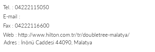 Doubletree By Hilton Malatya telefon numaralar, faks, e-mail, posta adresi ve iletiim bilgileri